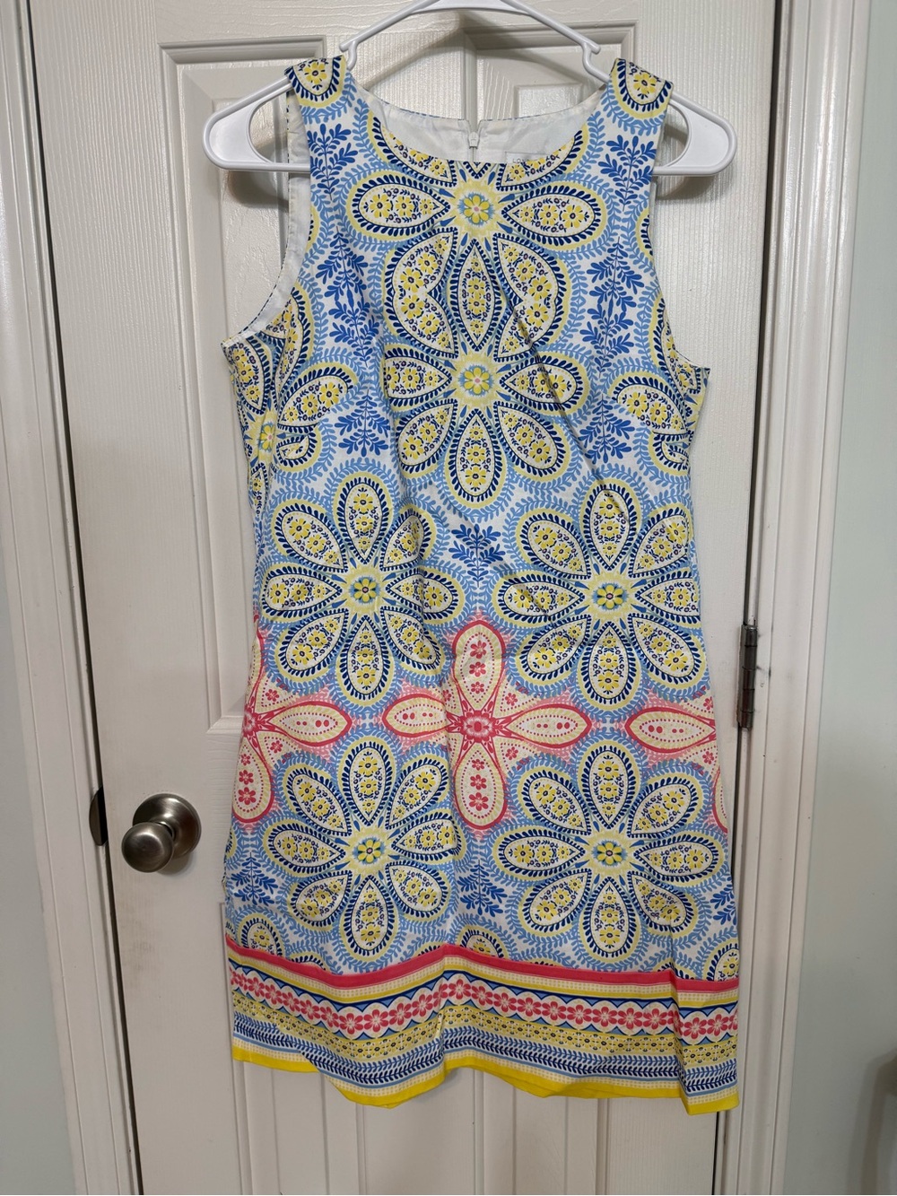 London Times Floral Sleeveless Shift Dress in Blue, Yellow & Pink